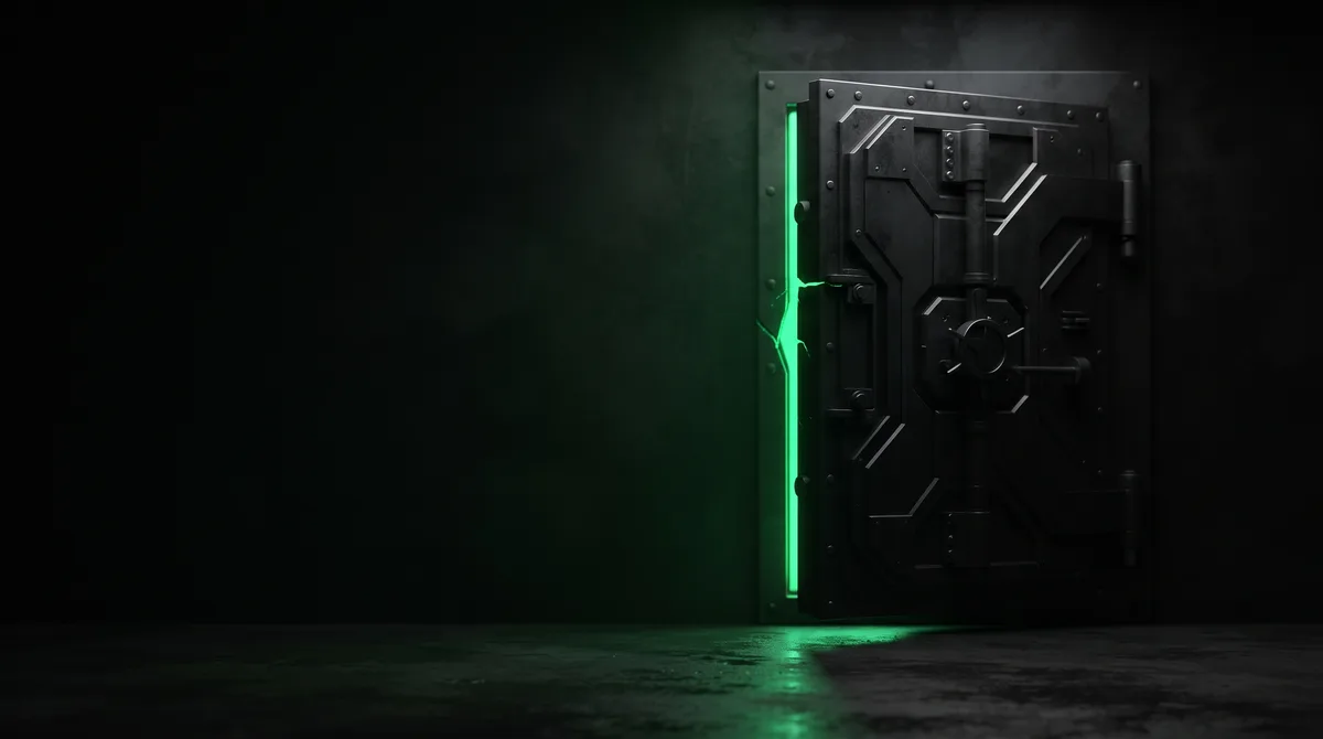A matte-black containment vault door standing ajar with vivid emerald light beaming from the seam
