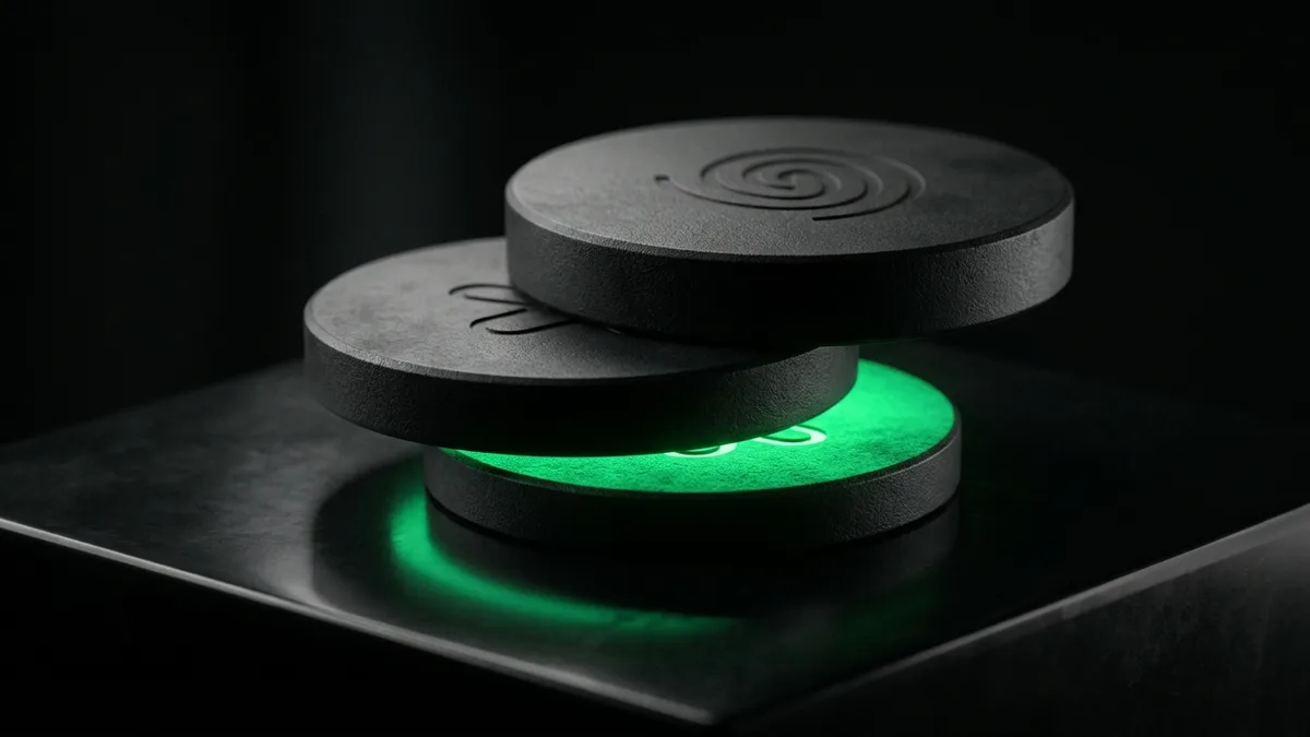 Archetype 8 (cinematic product shot): Three matte-black stacked discs on a dark plinth, the shortest disc glowing vivid emerald green from beneath representing the cheapest model tier winning on cost