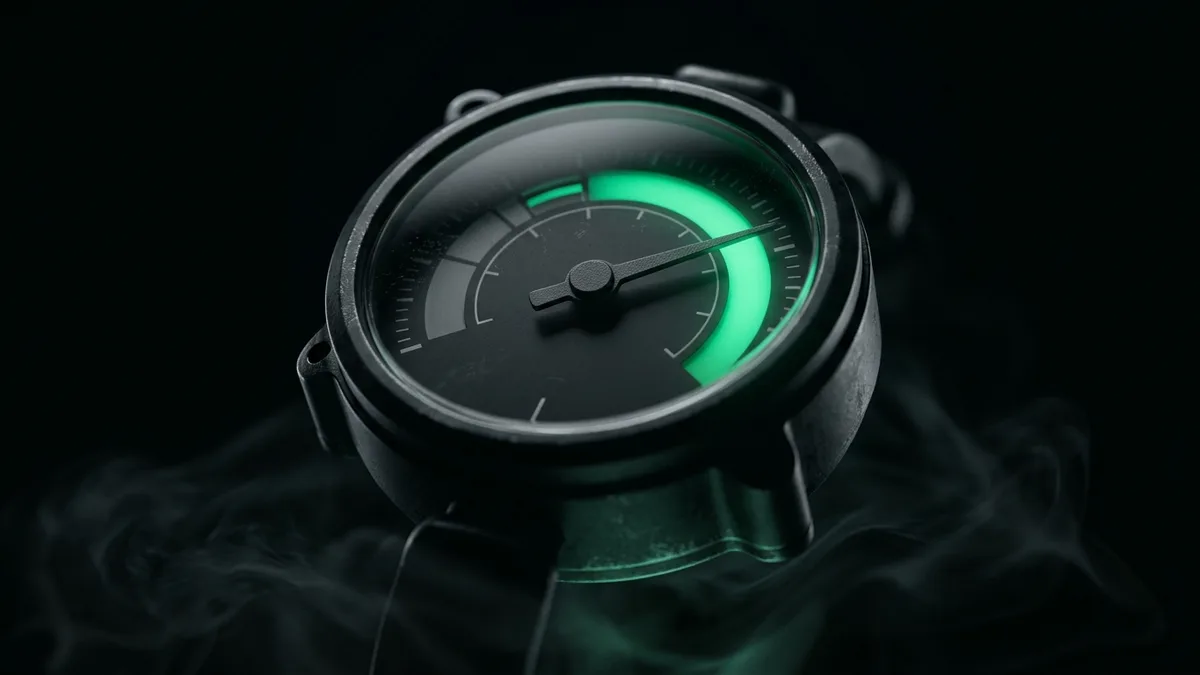 Archetype 5 (topographic/3D landscape feel): A matte-black analog gauge dial in a dark void, the needle resting in a vivid emerald green #22c55e zone with soft emerald bloom, representing usage-based billing and quota tracking