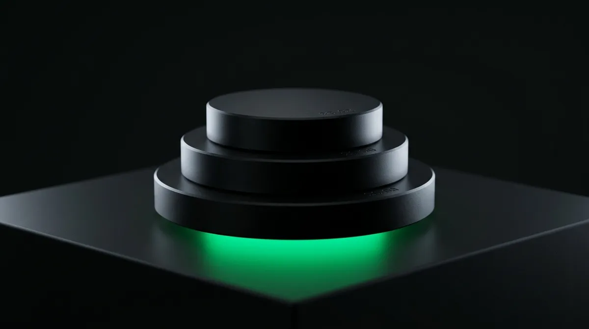 Cinematic shot of a dark plinth with a single matte-black coin standing on edge, emerald green light raking across its face from the left, negative space dominating