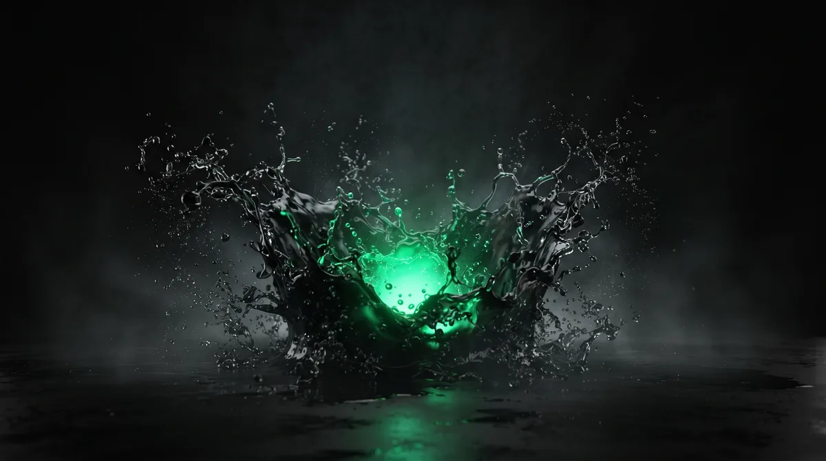 Frozen splash of dark liquid forming a jagged spike shape with a glowing emerald core, representing a sudden exhaustion event