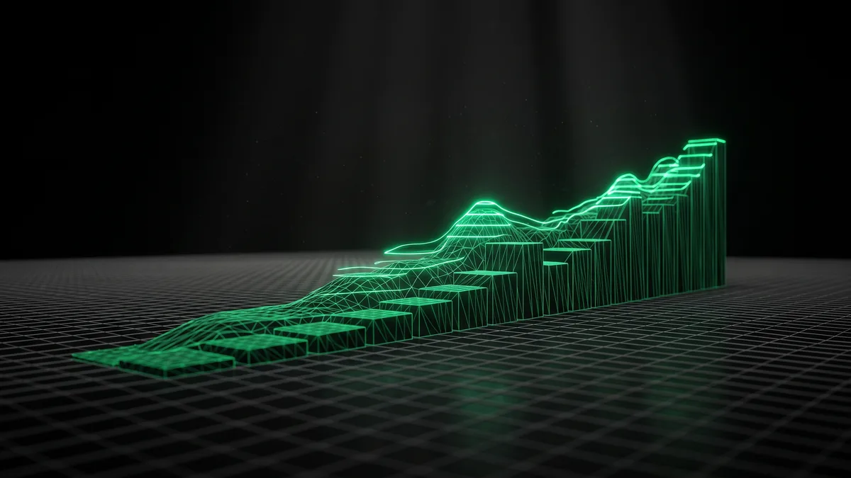 Claude API pricing landscape: emerald green terrain bars rising on a dark grid plane