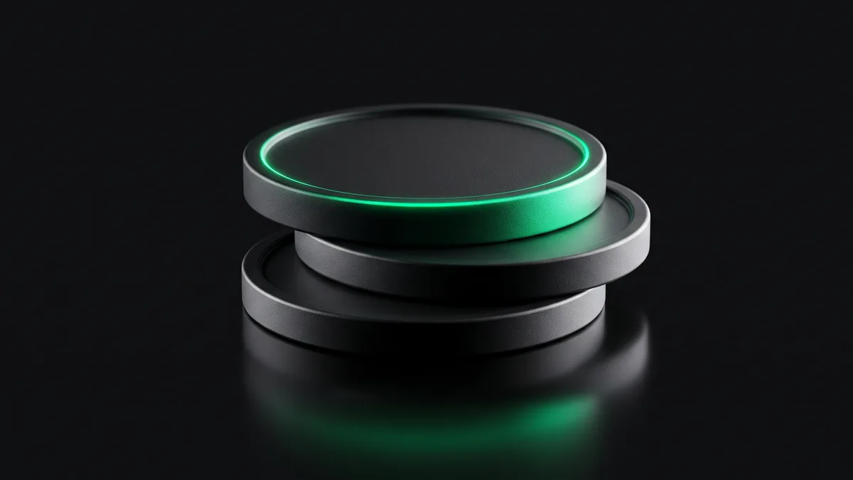 Token reseller economy: stacked matte-black discs with emerald green glow representing tiered access economics