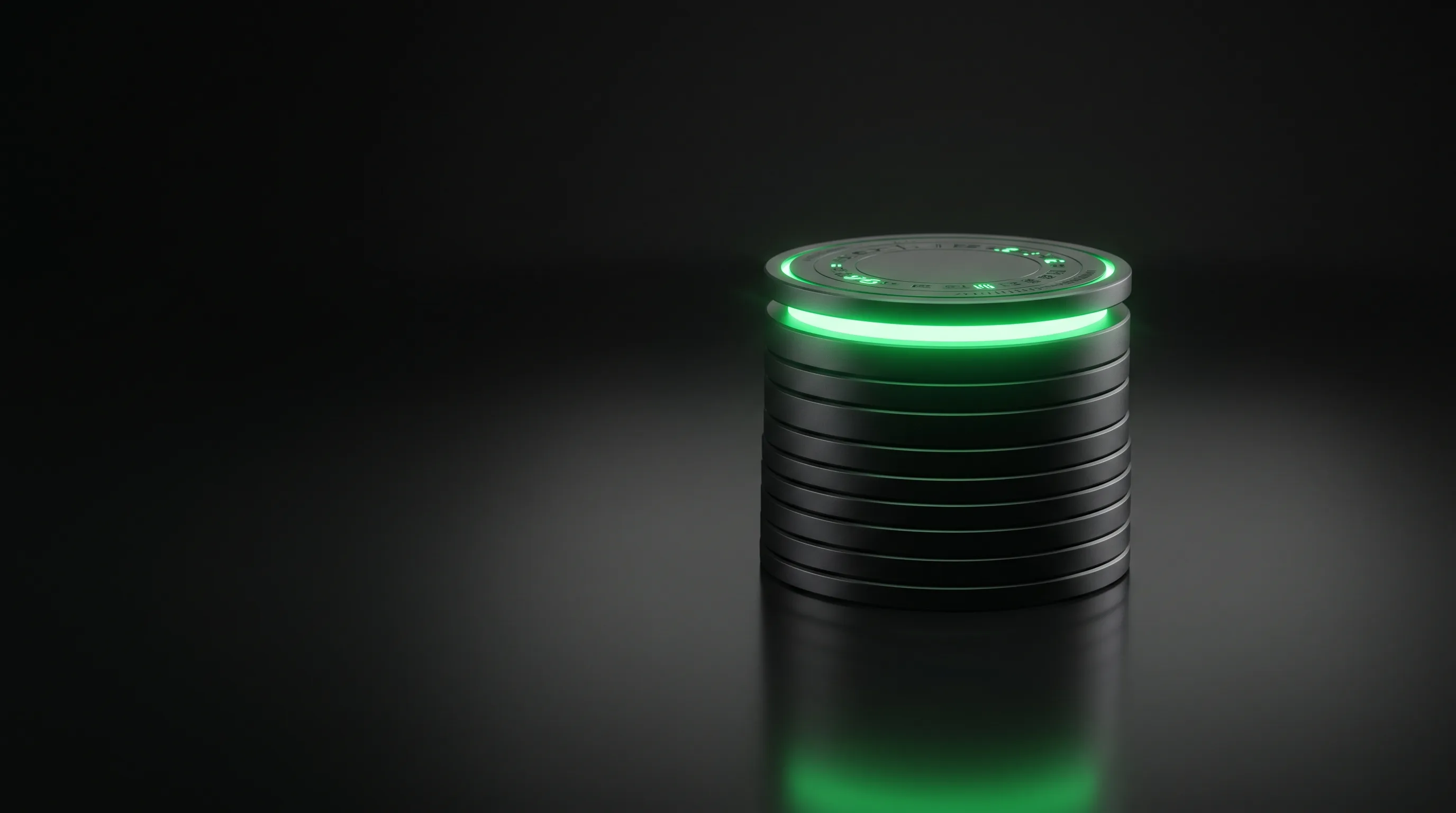 Archetype 8 (cinematic product shot): A single matte-black tower of stacked discs on a dark reflective surface, the top disc glowing vivid emerald green #22c55e from within, emerald light raking across the stack from one side, negative space dominating the frame, symbolizing rising revenue with a single accent