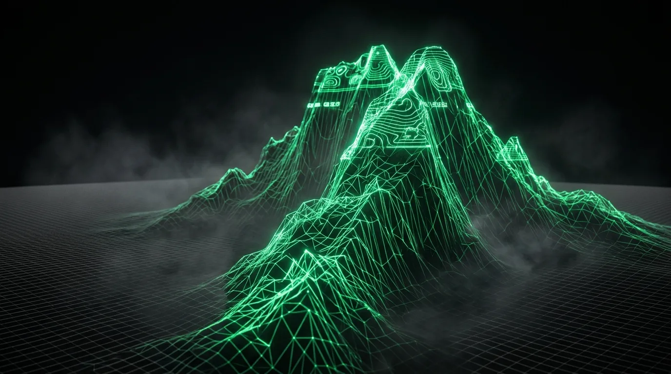 Archetype 5 (topographic 3D landscape): An infinite dark grid plane extending to a black horizon, with an emerald green #22c55e wireframe terrain rising steeply from it like a growth curve, holographic contour lines glowing at the peaks, volumetric haze in the dark void, subtle bloom on the emerald lines, no text, no people
