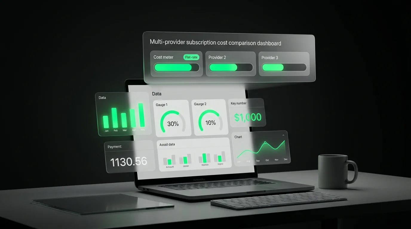 Floating cost comparison panel showing three parallel provider cost meters, the first tagged flat rate