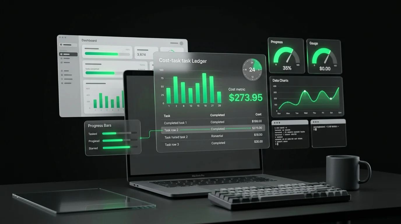 Floating cost per task ledger card showing a bar chart of completed tasks and a large dollar figure beside a 24 hour clock dial