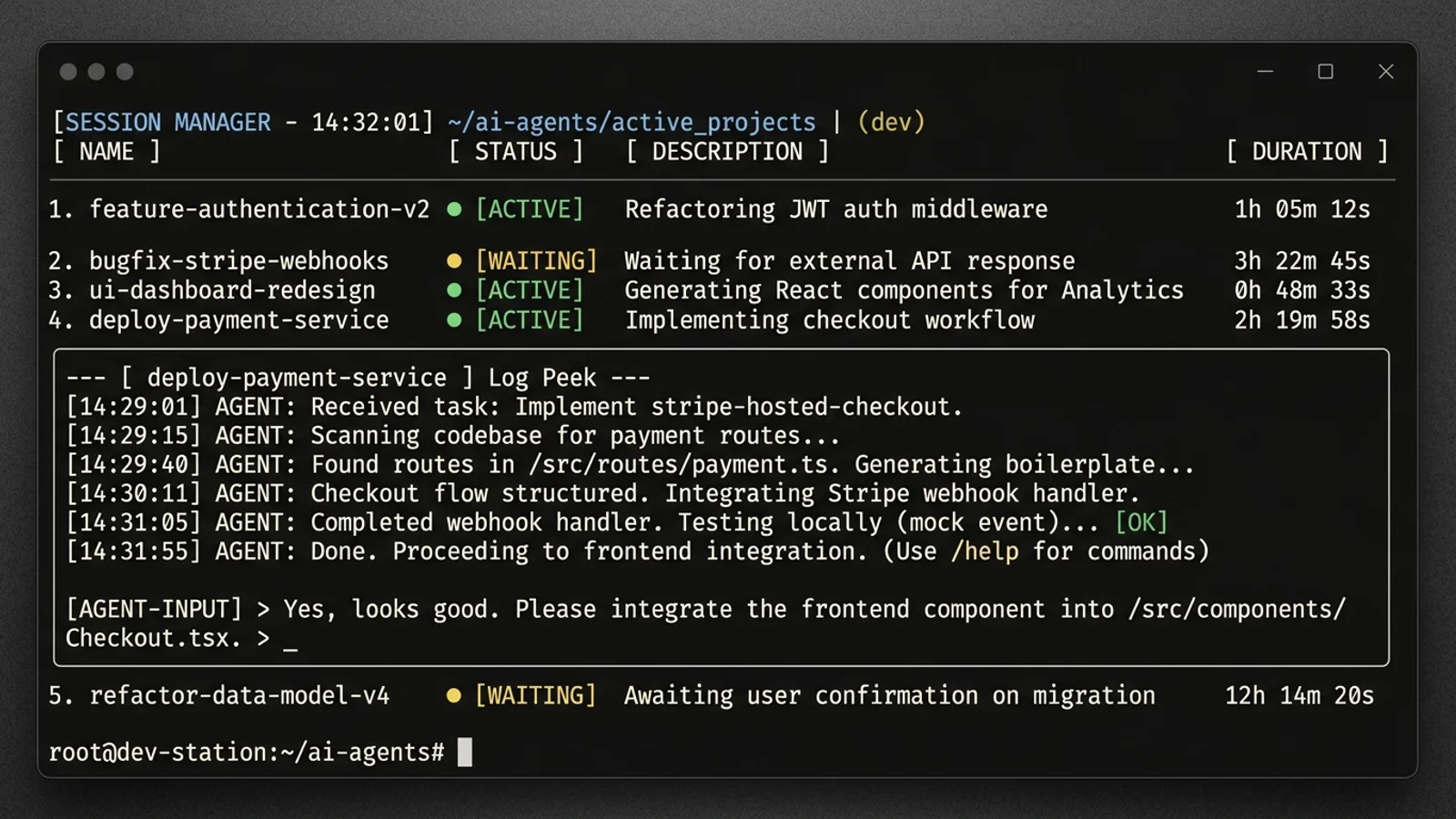 Schematic view of the Agent View terminal interface: five Claude Code session rows showing identifier, status, last response, time elapsed, and PR indicator, with one row expanded into peek mode showing an inline reply field.