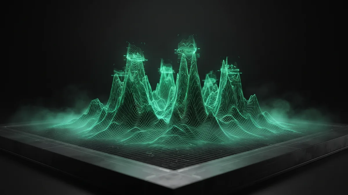 Rising wireframe terrain on a featureless dark grid