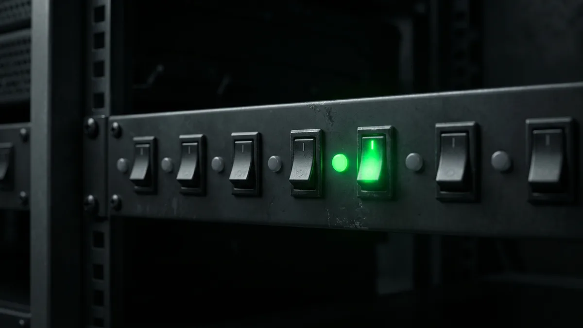 Server rack panel with a single active green LED indicator among many inactive dark switches