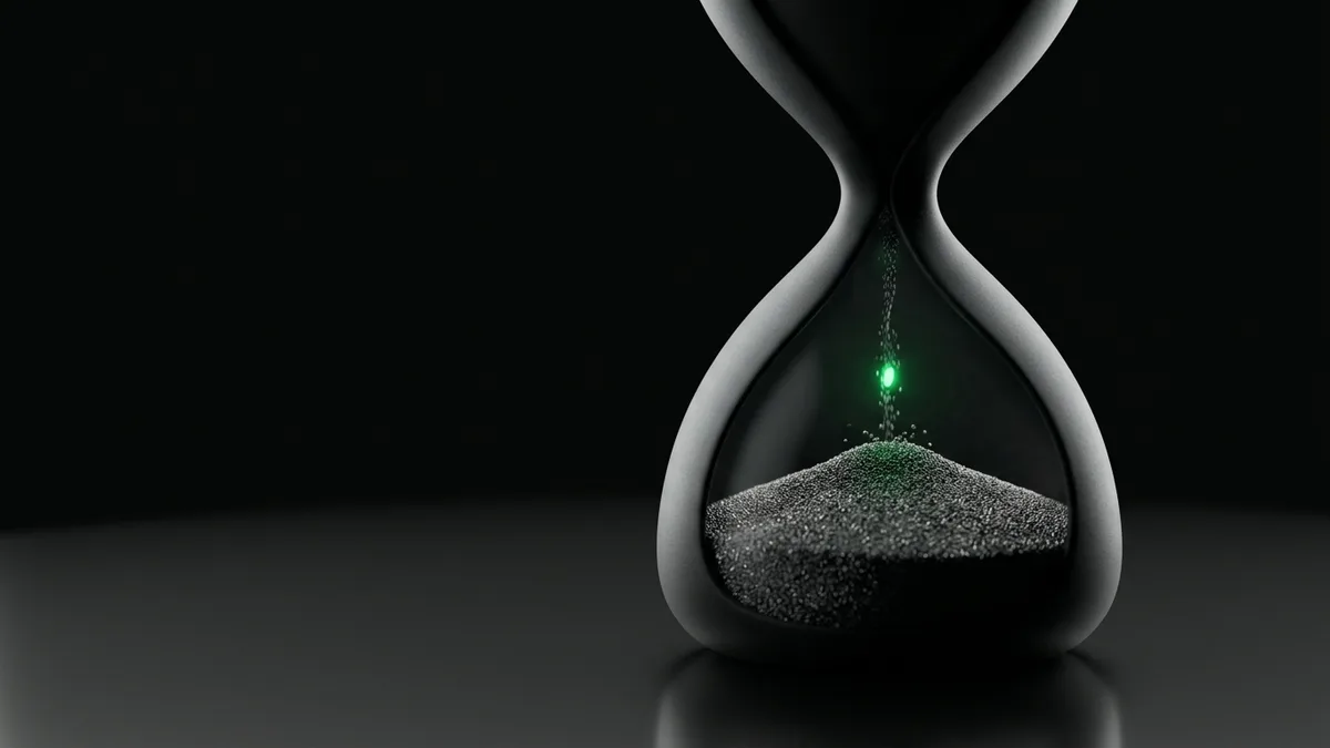 A matte-black hourglass with dark sand falling, single emerald green glowing grain mid-fall against black backdrop