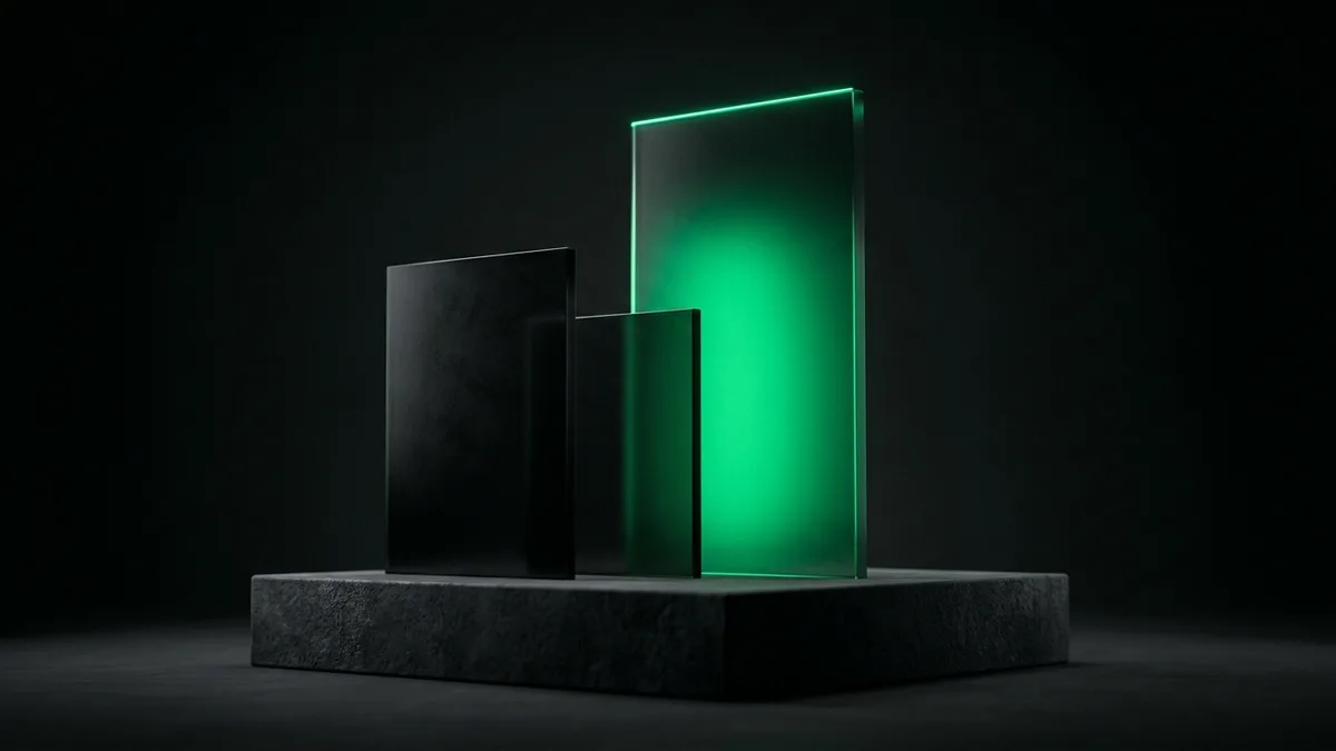 Three matte-black glass slabs on a dark plinth, the tallest glowing vivid emerald while the others sit dark, showing a boosted allowance dropping to a lower standard