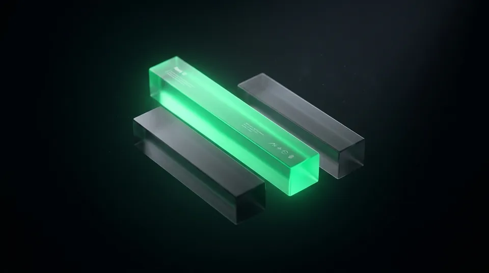 Floating frosted-glass data bars with emerald green accent showing model tier comparison