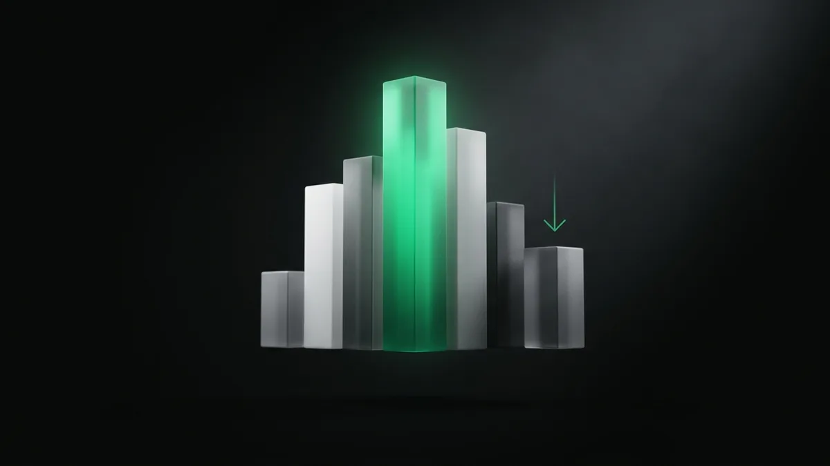 Floating bar chart sculpture showing cost tiers in dark void with emerald green accent