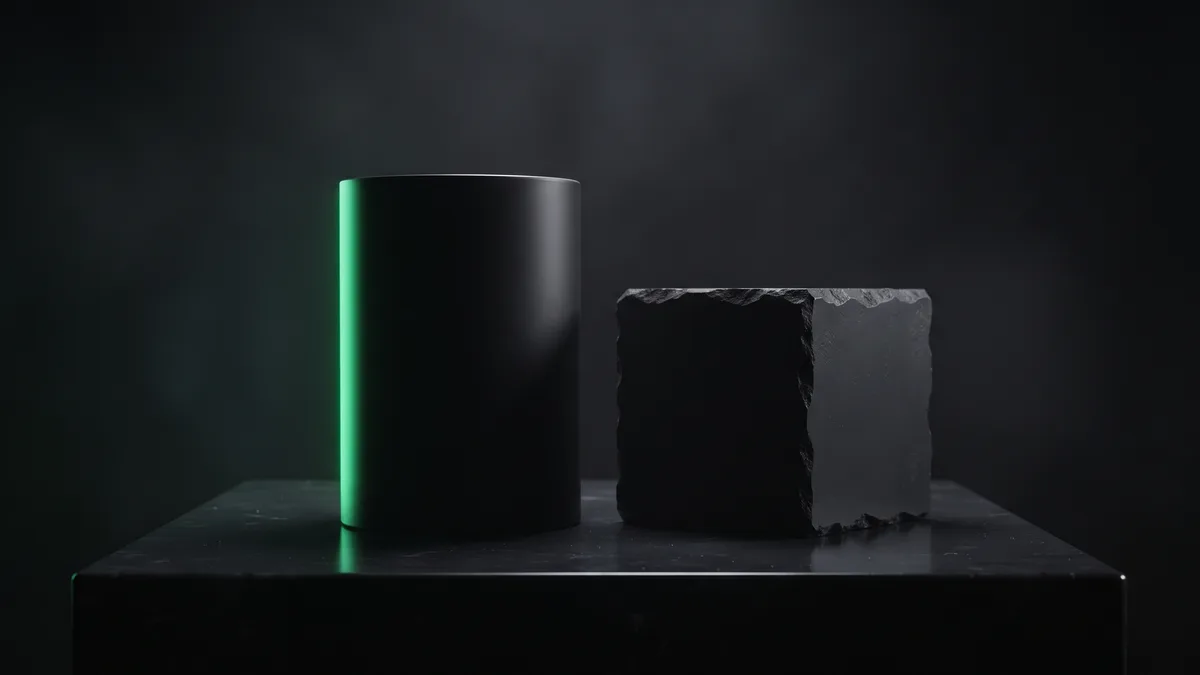 Two matte-black geometric forms on dark plinth with emerald green rim light contrast