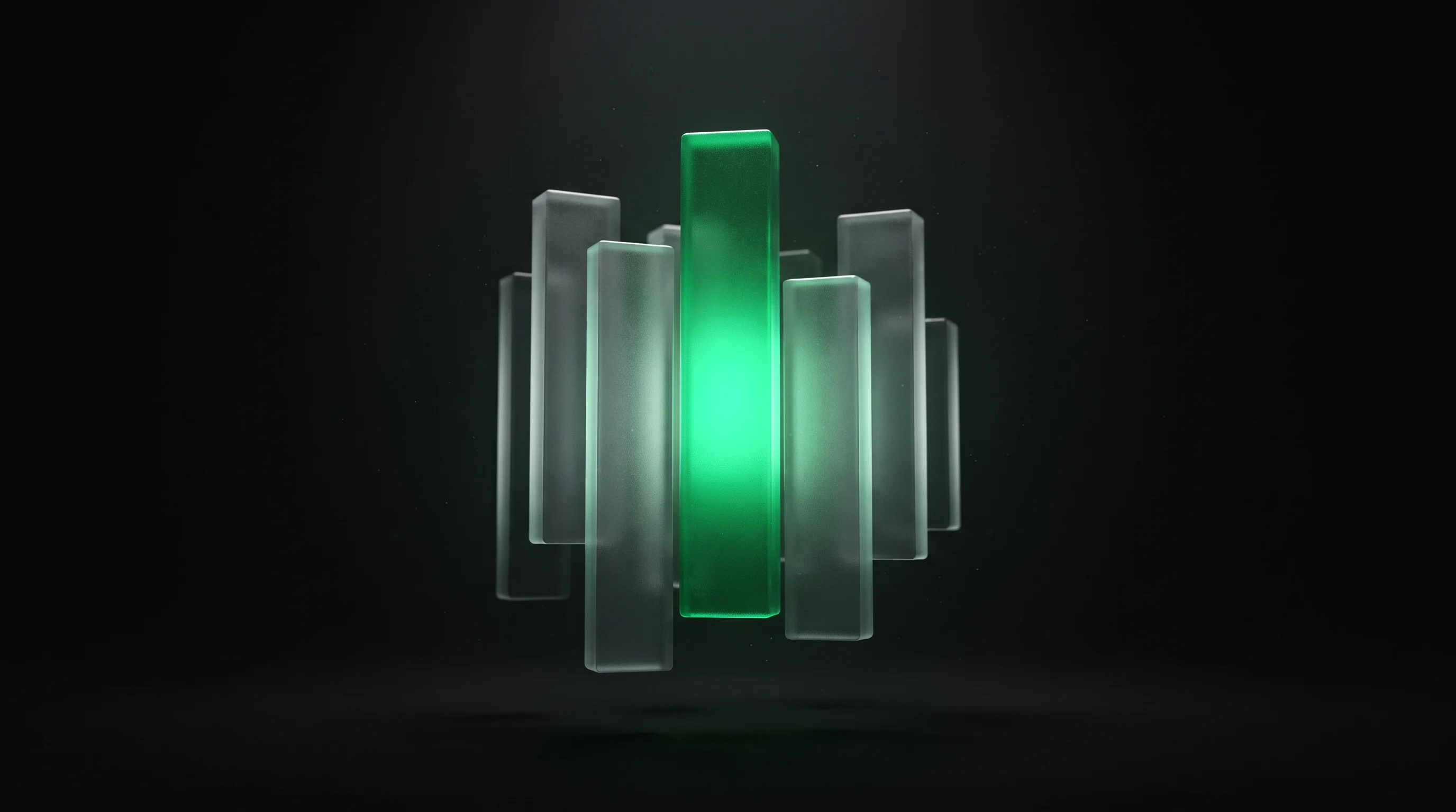 Floating frosted-glass reliability bars with a single emerald glowing bar