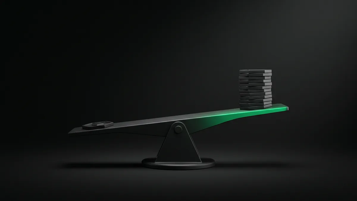 One token on the left side of a scale, twelve tokens on the right, emerald green accent on the beam