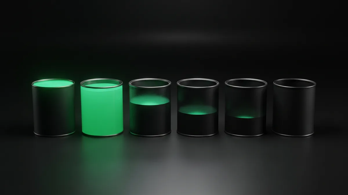 Six black canisters on a dark surface, leftmost full of emerald green liquid, rest progressively more empty