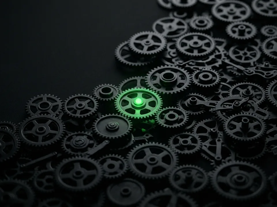 Mechanical coordination: interlocking gears with emerald green central controller