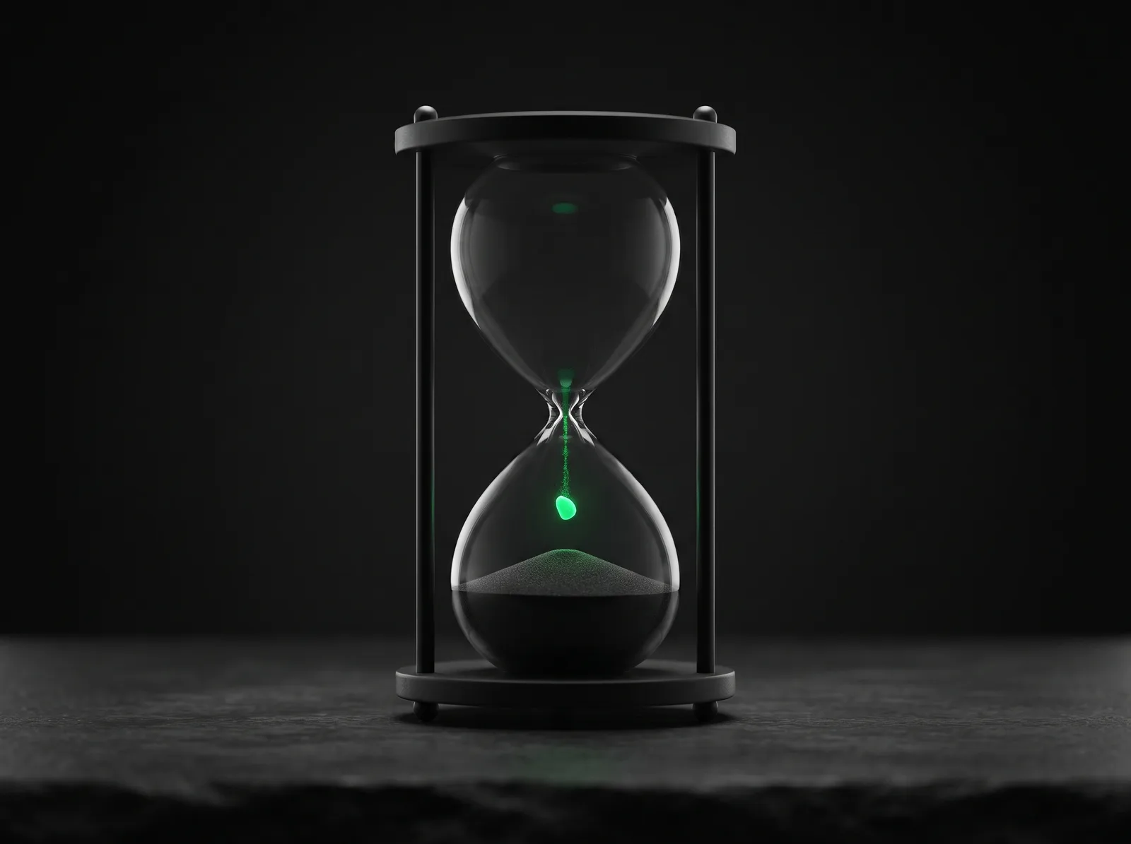 A matte-black hourglass with an emerald grain mid-fall, symbolizing the ticking clock before DeepSeek's price hike