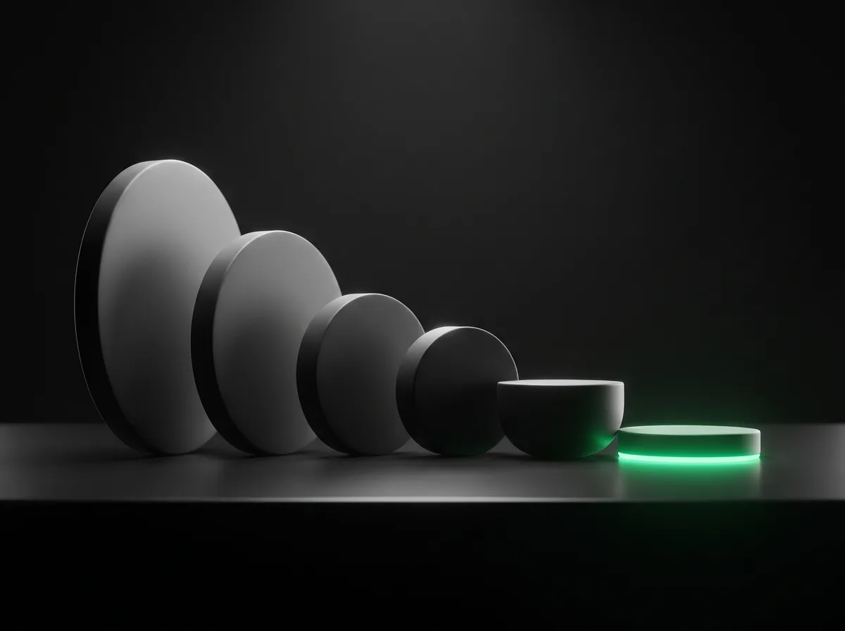 A row of matte-black discs of decreasing height on a plinth, the shortest one glowing emerald green