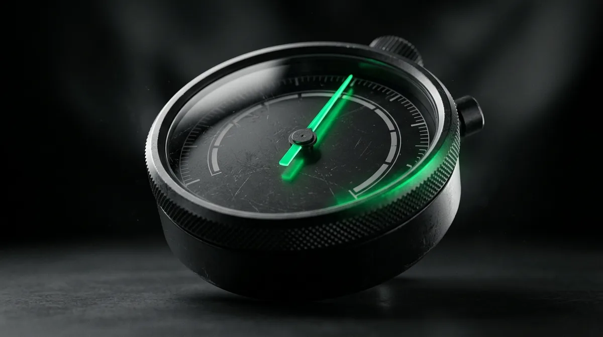A macro of a matte-black gauge dial with a single emerald needle pointing up, echoing rising per-token rates