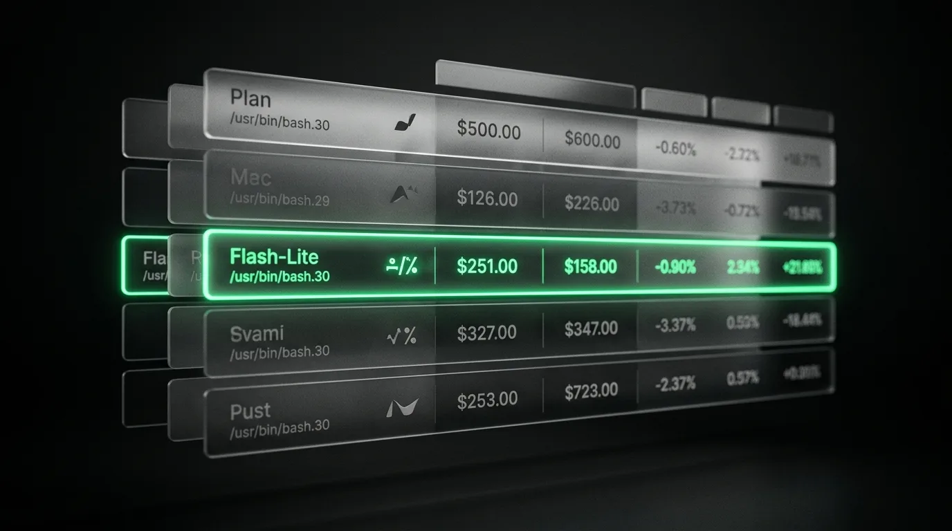 Gemini Flash pricing comparison showing three cost tiers with emerald green accent on Flash-Lite