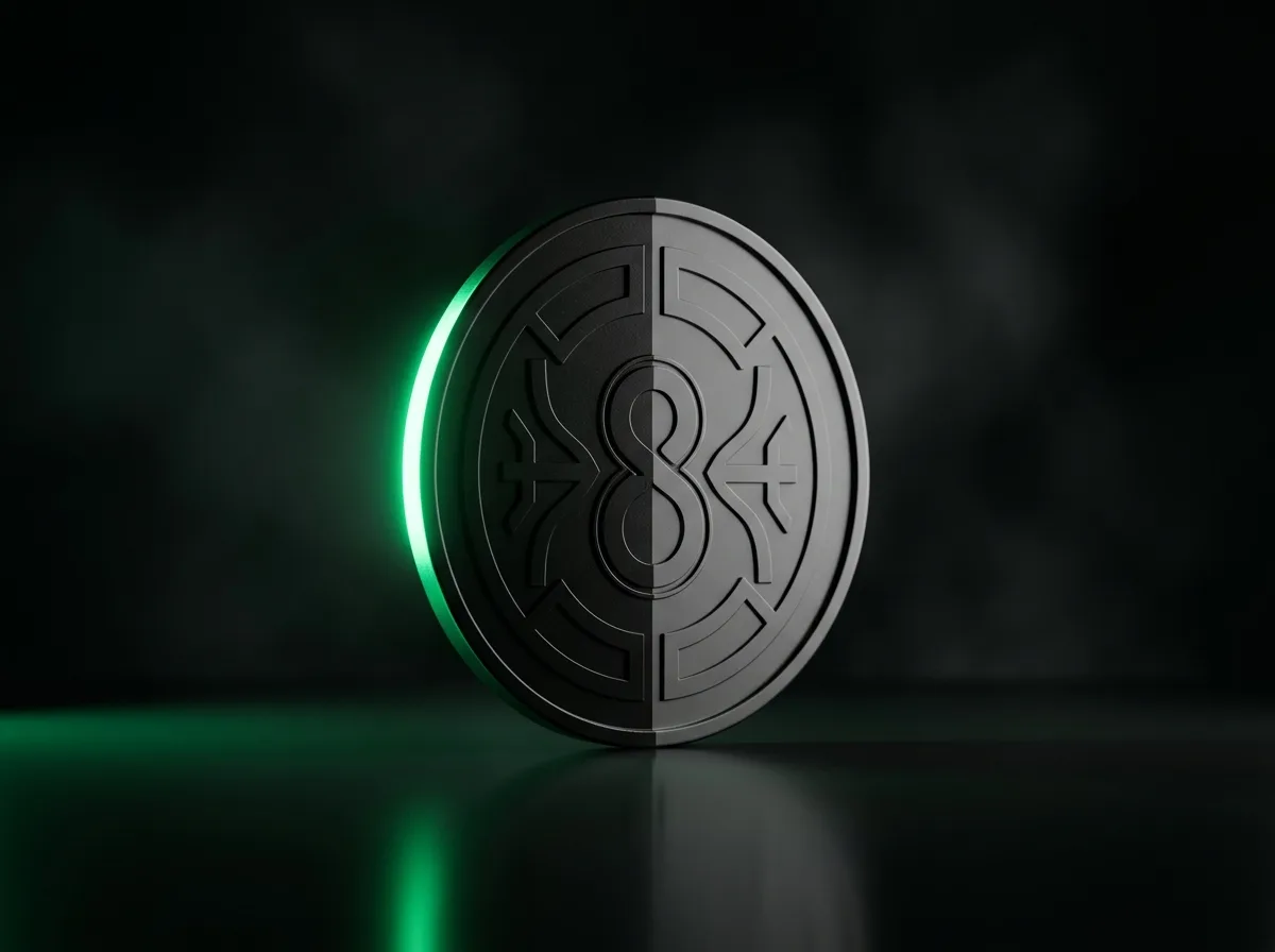 Archetype 8 (cinematic product shot): A single matte-black coin standing on edge on a dark reflective surface, half its face in shadow and the other half lit by a soft emerald green #22c55e light raking across from the left, symbolizing the halved price