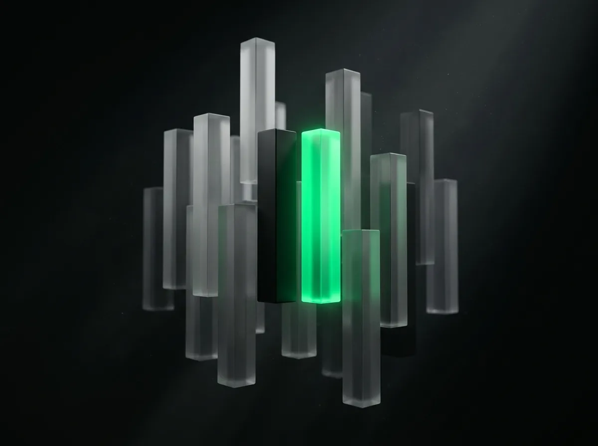 Archetype 6 (floating data sculpture): Two identical frosted-glass bars suspended in a dark void, one in matte black and one glowing vivid emerald green #22c55e from within, side by side at equal height, the glowing bar emitting soft emerald bloom, symbolizing the same model at two different rates