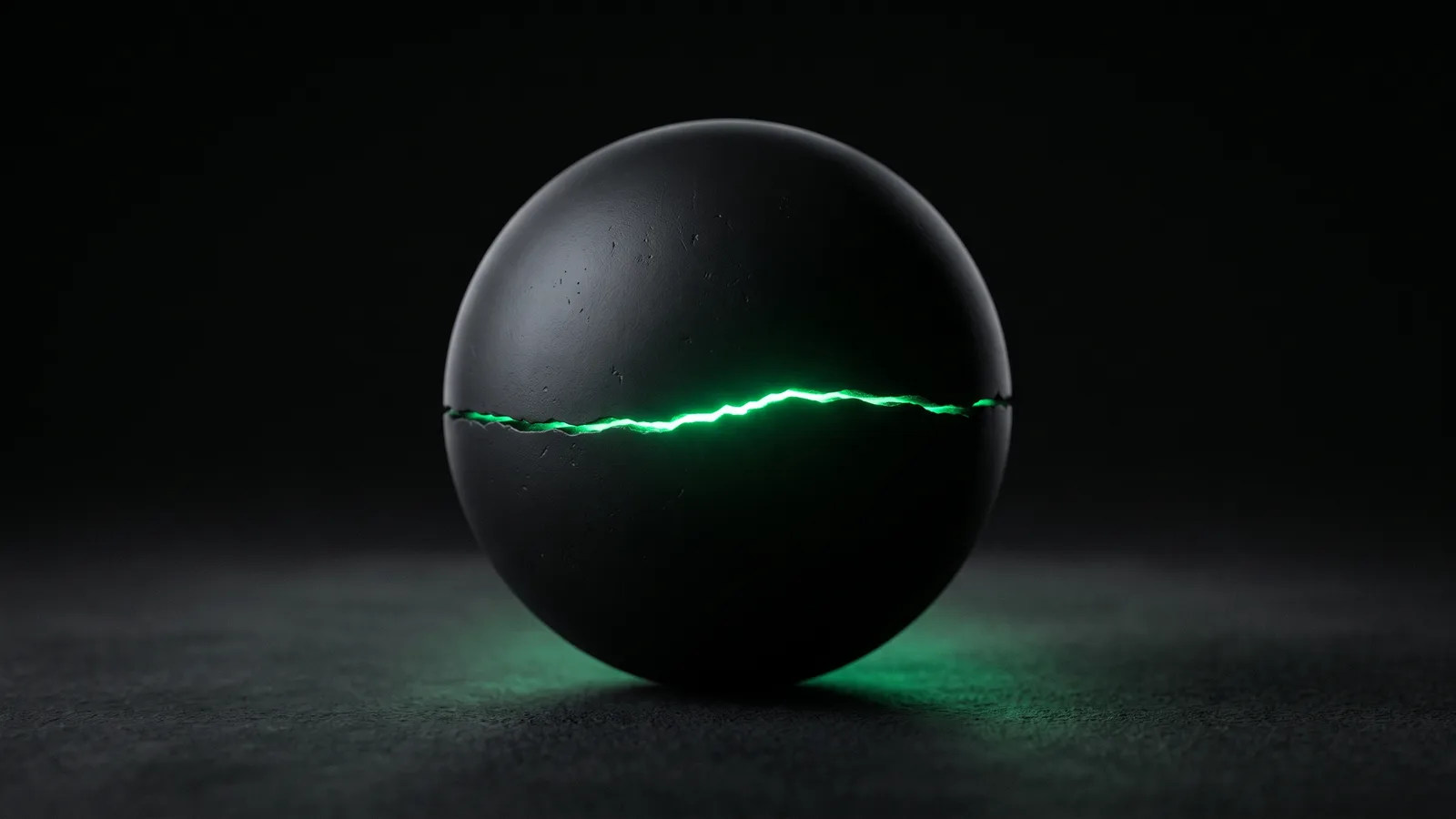A matte-black sphere split at the equator, emerald light glowing through the crack