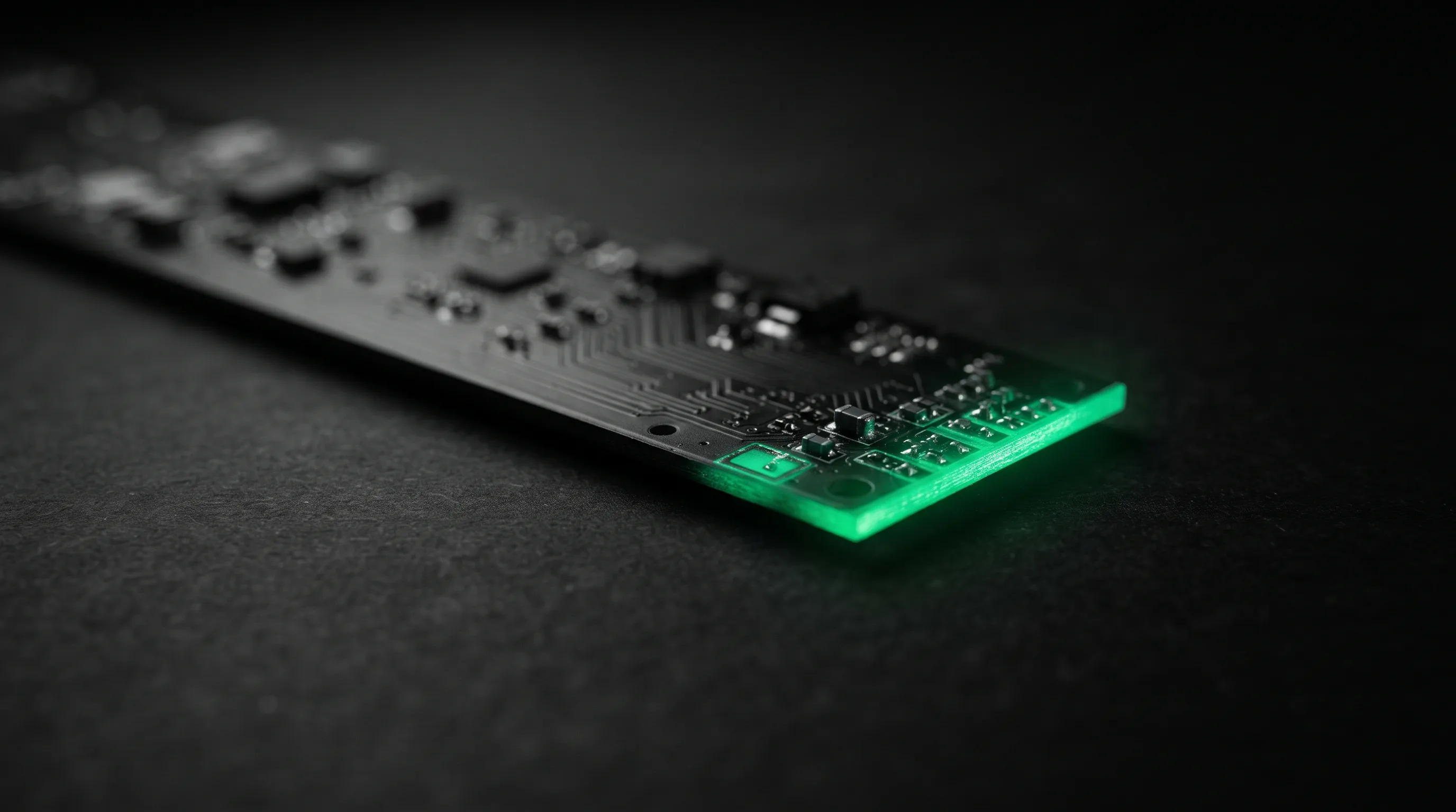 Macro close-up: matte-black circuit-board sliver on a dark surface, emerald green light bleeding across one edge, representing the hidden vulnerabilities in AI infrastructure
