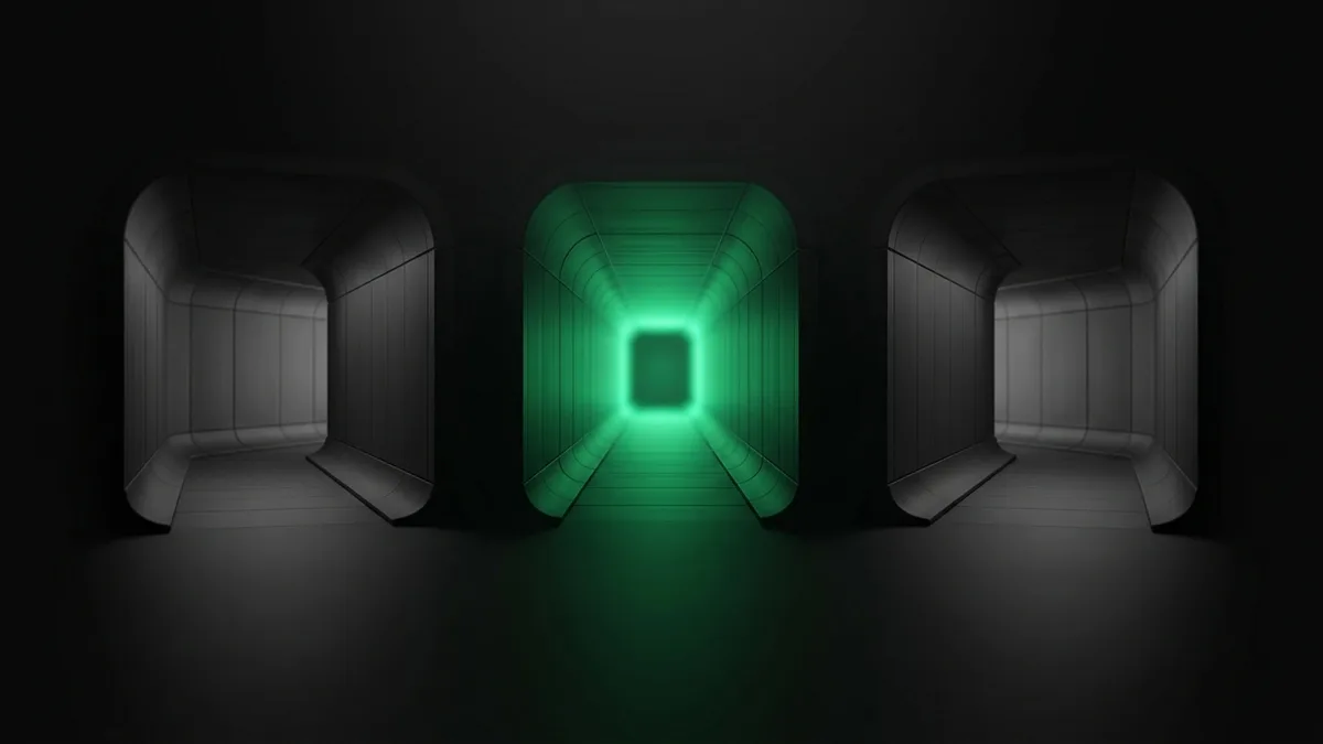 Three tunnel paths with center glowing emerald green, representing cascade routing strategy