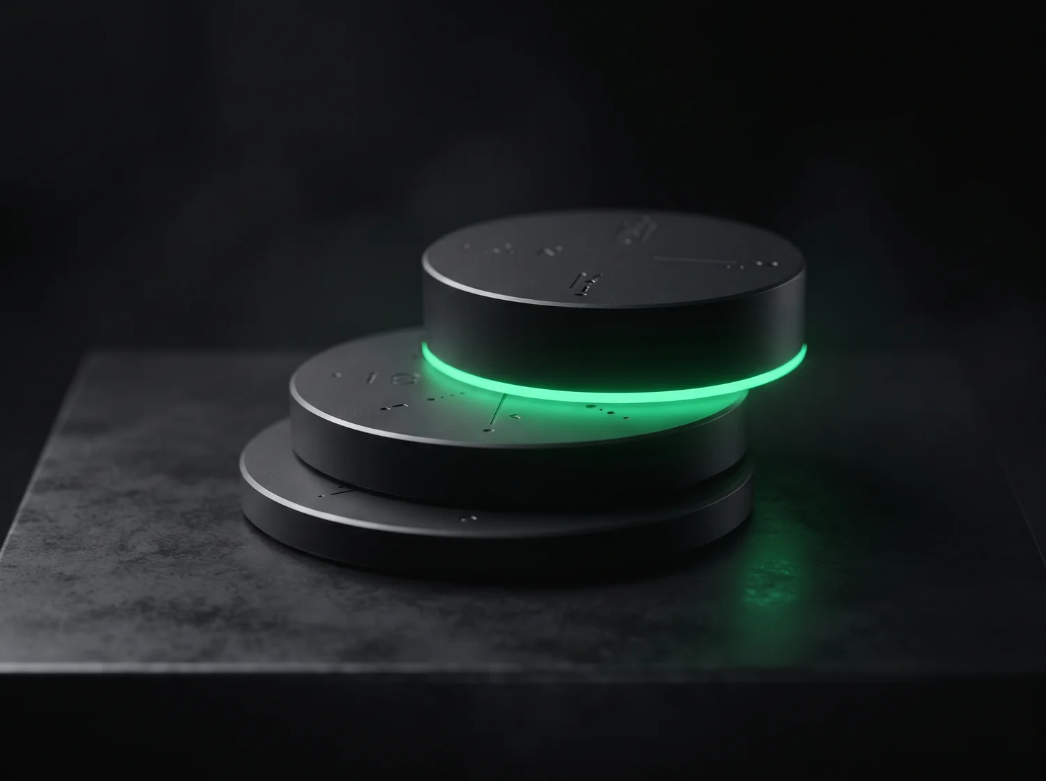 A macro close-up of three matte-black stacked discs of increasing height on a dark surface, the tallest disc glowing emerald green from beneath