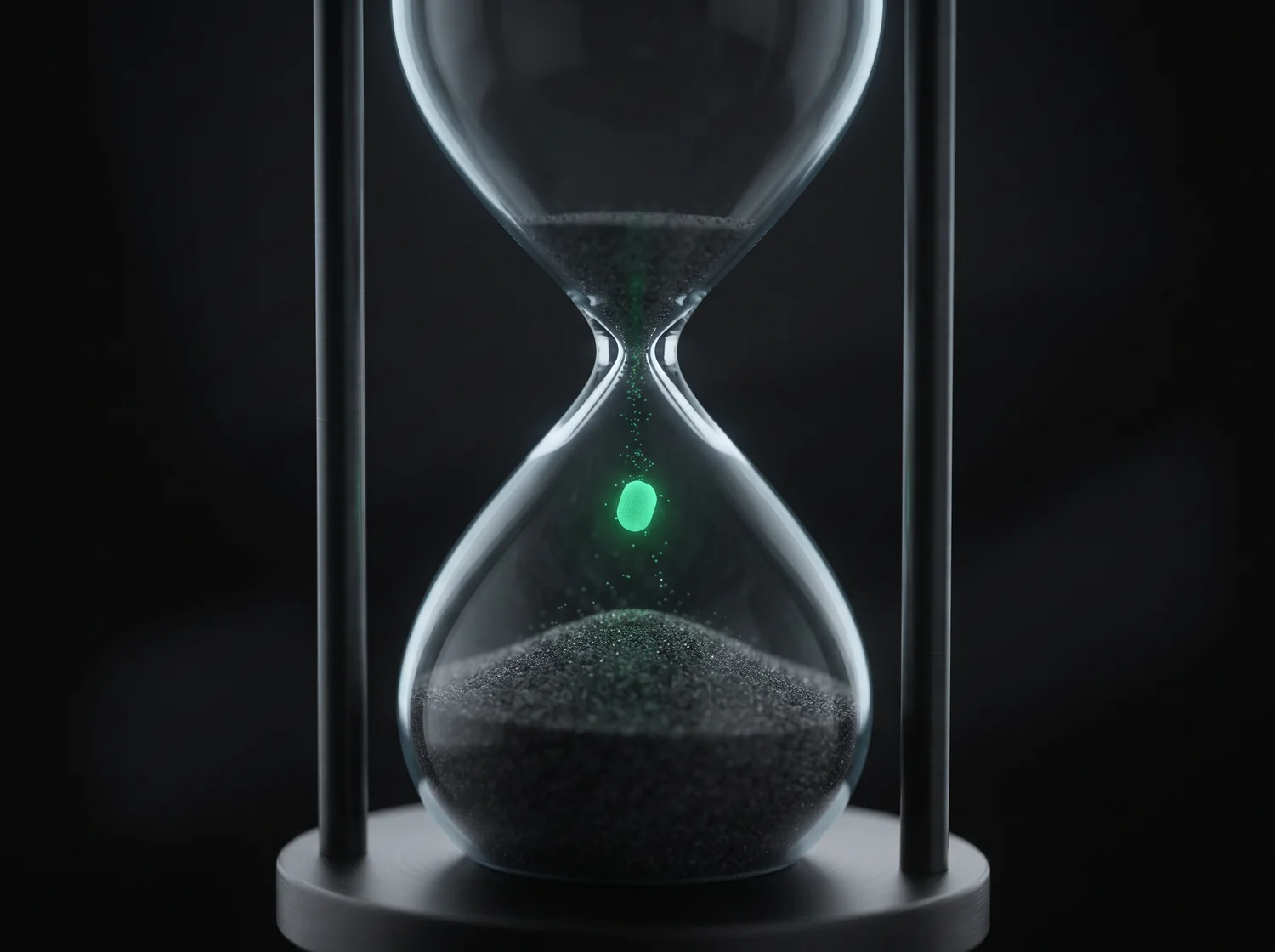 An extreme macro of an hourglass with dark sand in the lower chamber and a single emerald-green grain glowing as it falls through the neck