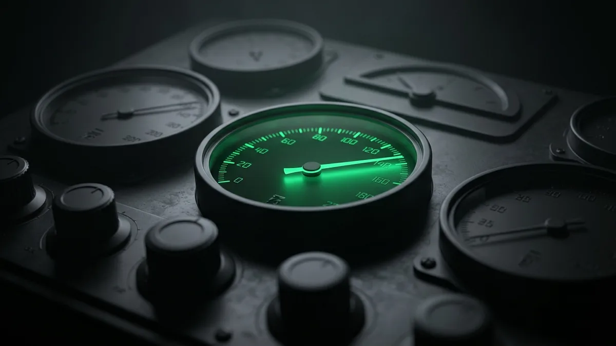 Precision gauges showing performance metrics with emerald green needle at maximum.