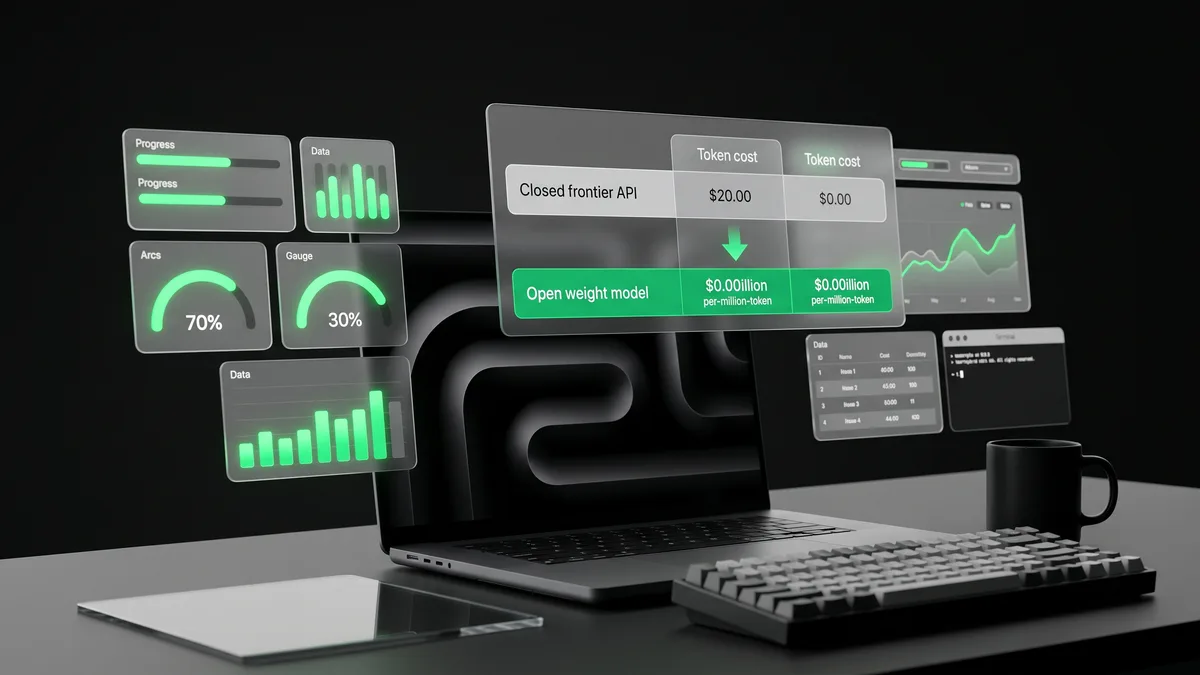 Floating holographic token cost comparison table with a closed frontier API row in grayscale and an open weight model row highlighted in emerald green