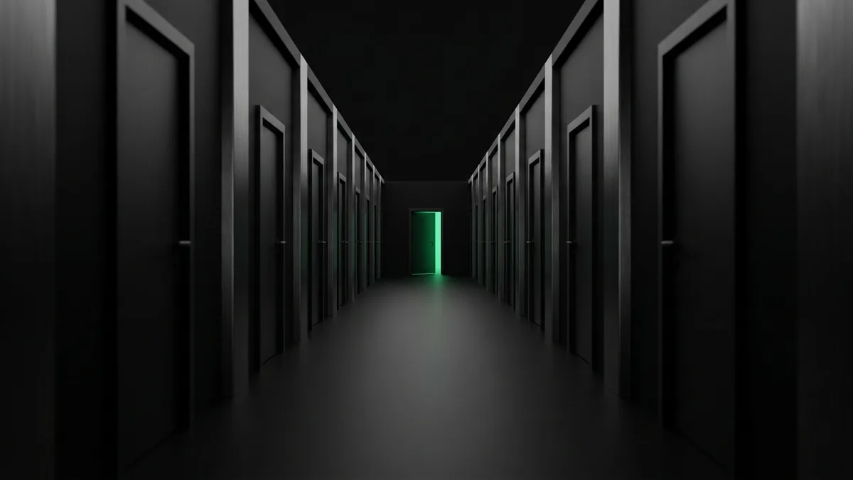 A dark corridor with closed matte-black doors, only the far door glowing emerald green, representing tiered AI access restrictions