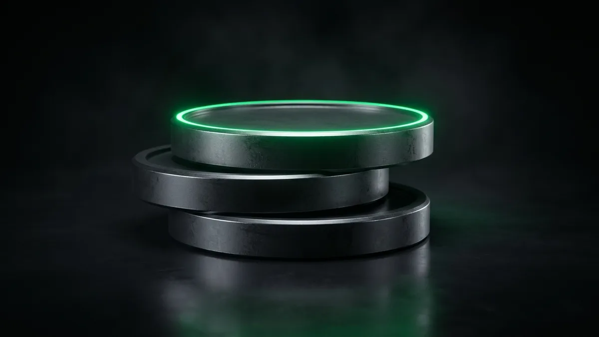 Three matte-black stacked discs with the tallest glowing emerald green, representing AI pricing tiers