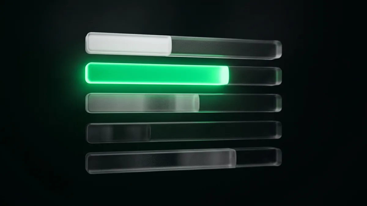 Five floating horizontal progress bars in a dark void, one bar glowing vivid emerald green representing the winning benchmark score