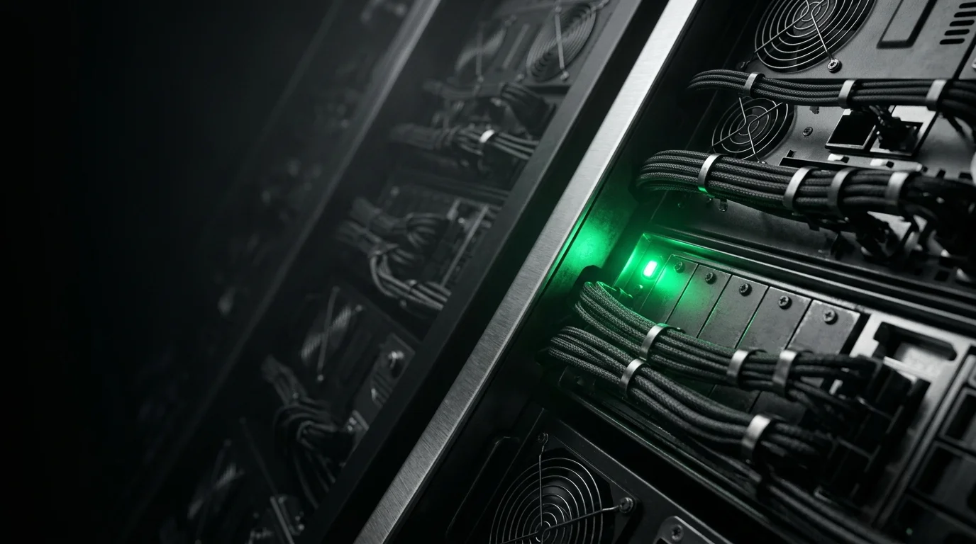 Archetype 9 (mechanical): Macro of matte-black server racks with emerald status LEDs glowing on key components, implying the many inference providers competing behind the gateway