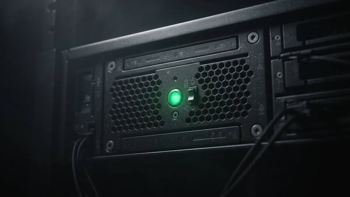 Matte-black server rack panel with single emerald green status LED