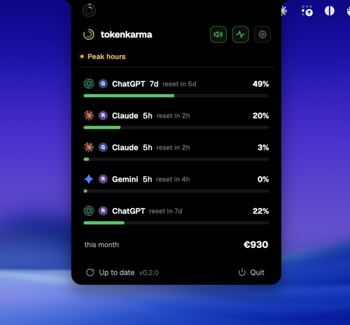 Tokenkarma on Mac showing AI account usage in the menu bar panel.