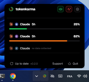 Tokenkarma on Windows showing Claude account usage above the taskbar.